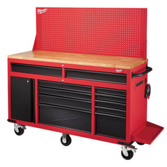 Milwaukee 61 in. 11-Drawer/1-Door 22 in. D Roller Cabinet Mobile Workbench with Sliding Pegboard Back Wall in Red/Black 2370344769